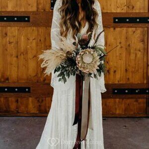 Boho Lace Wedding Dress with Bell Sleeves | White Plus Size Hippie Gown wrap